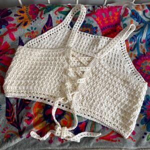 Handmade Ivory Crochet Crop Top Lace Up Corset Back Boho Festival Cream Camisole